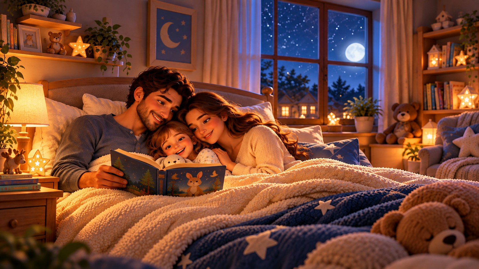 Una familia comparte la lectura de un cuento en la cama.